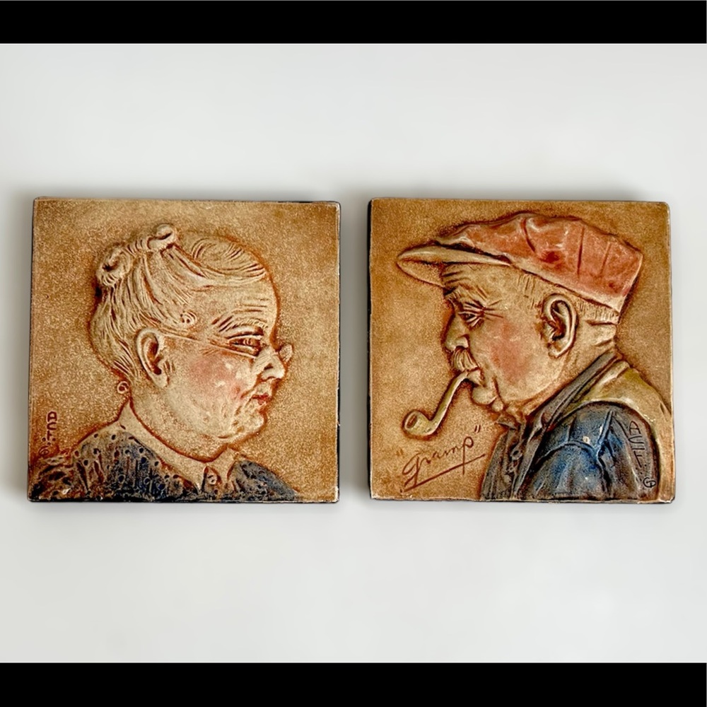 Vintage Alice Cranston Fenner Chalkware Wall Tiles Gramp and Grandma